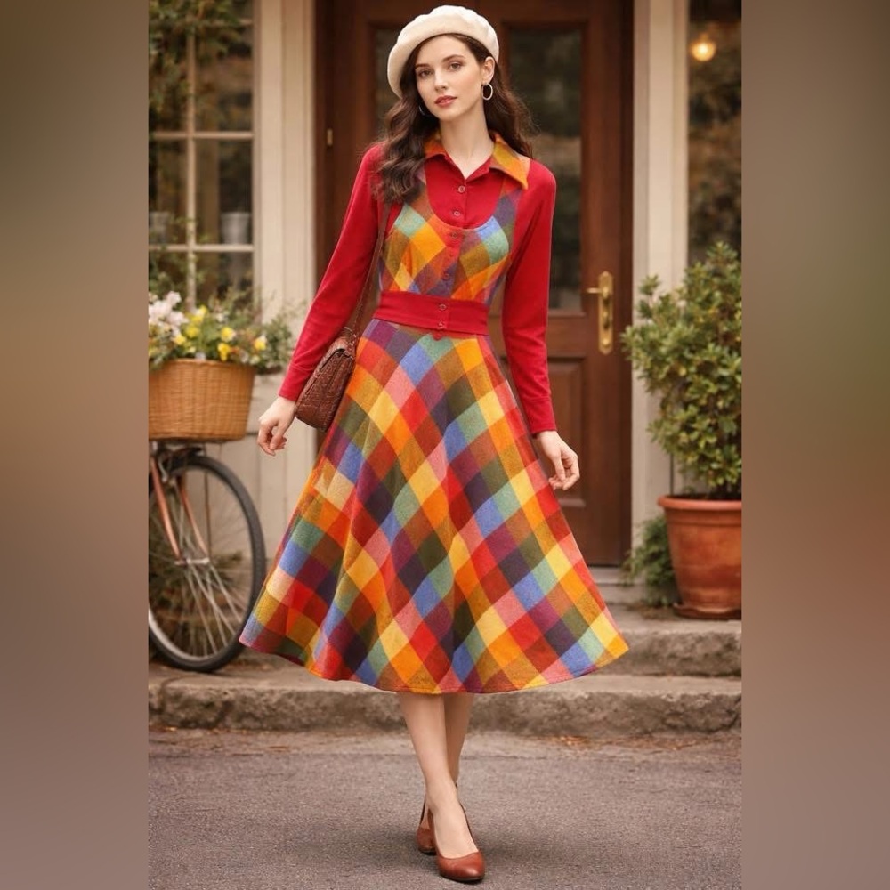Vintage-Inspired Women's Red Plaid Full Skirt and jacket